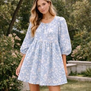 Free People SZ S Paper Hearts Babydoll Mini Dress Blue Floral Linen 1035026